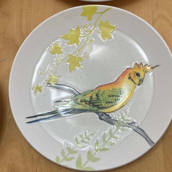 Anthropologie Set 4 Ceramic Parakeet Bird Salad Sandwich Dessert Plates by Grace - Picture 2 of 7